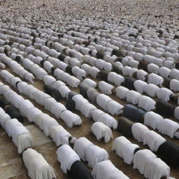 A solemn scene showing a crowd of diverse individuals engaged in the worship of Salaat, alignment in perfect rows, a sense of unity and tranquility palpable