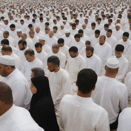 A solemn scene showing a crowd of diverse individuals engaged in the worship of Salaat, alignment in perfect rows, a sense of unity and tranquility palpable