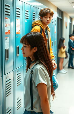 A scene depicting a cool young man, styled like Jungkook from BTS, casually leaning against a school locker in a college setting