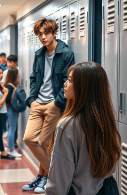 A scene depicting a cool young man, styled like Jungkook from BTS, casually leaning against a school locker in a college setting