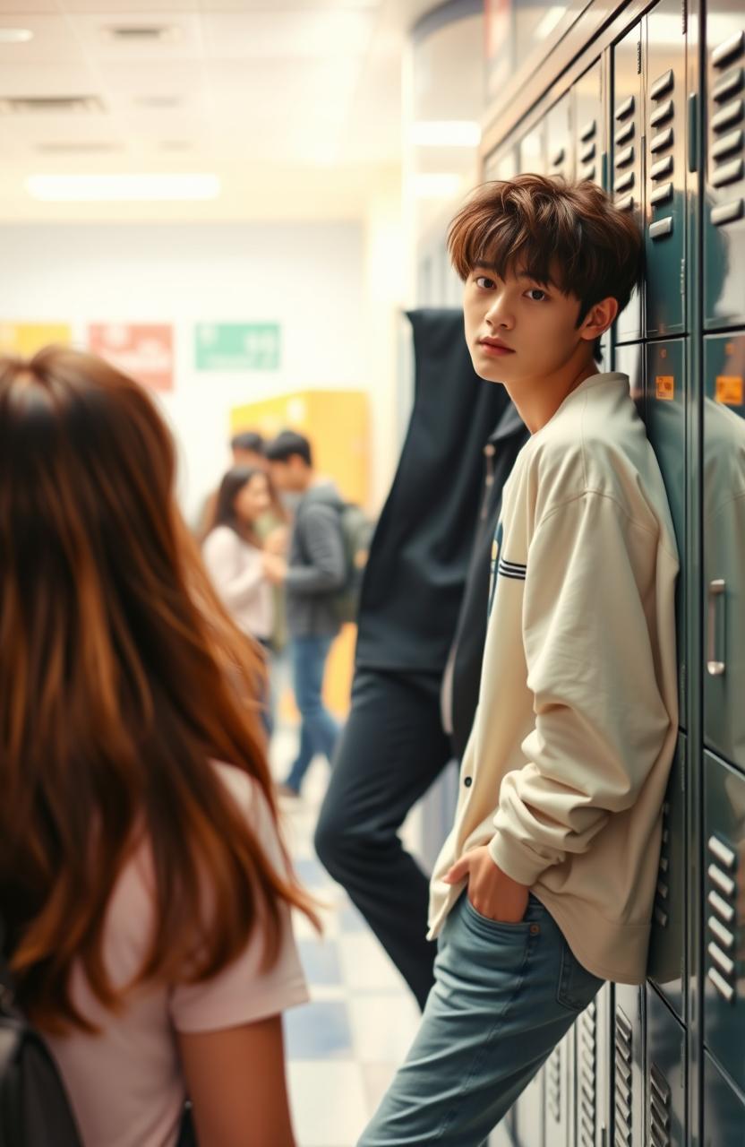 A scene depicting a cool young man, styled like Jungkook from BTS, casually leaning against a school locker in a college setting