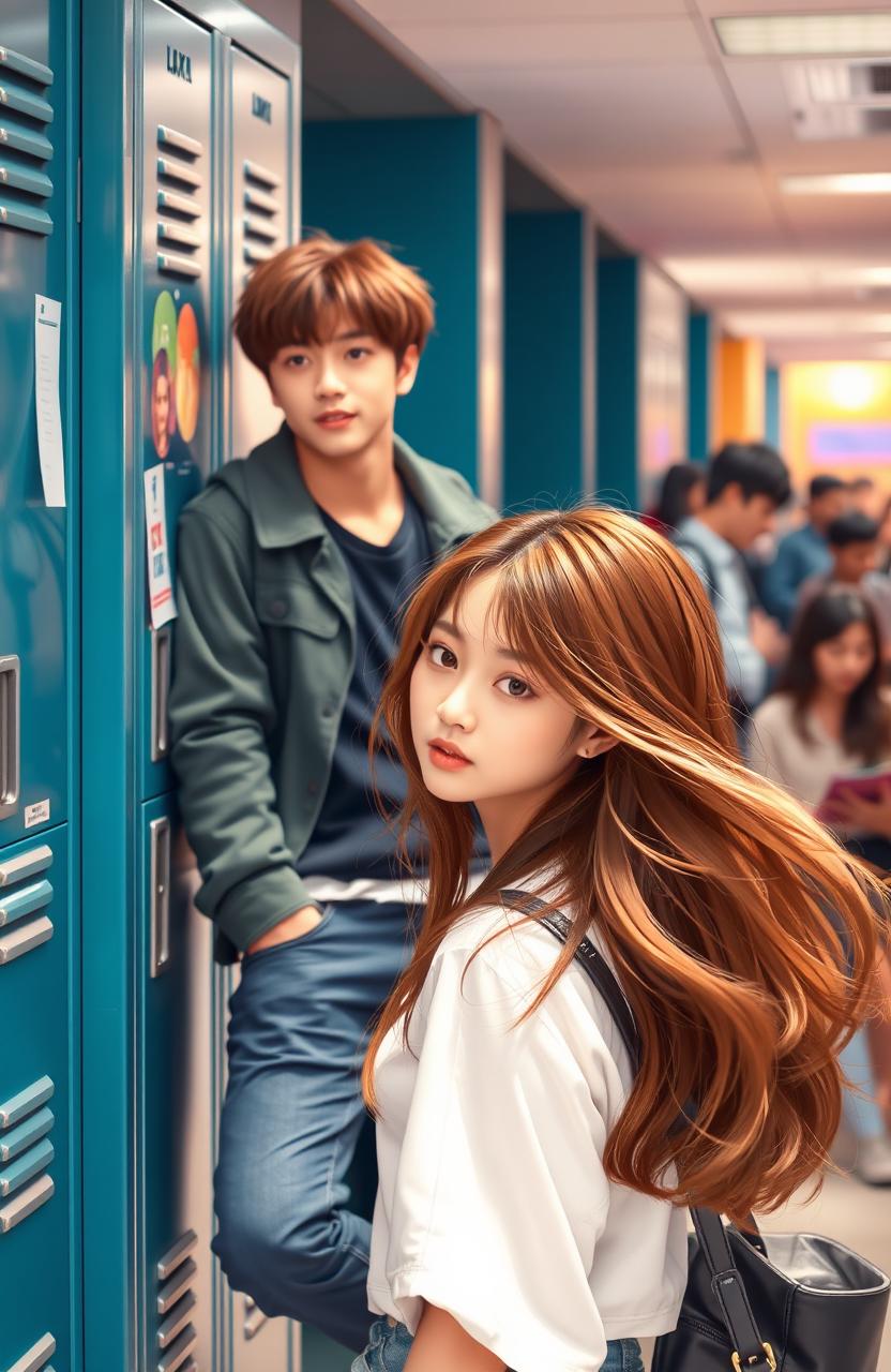 A scene depicting a cool young man, styled like Jungkook from BTS, casually leaning against a school locker in a college setting