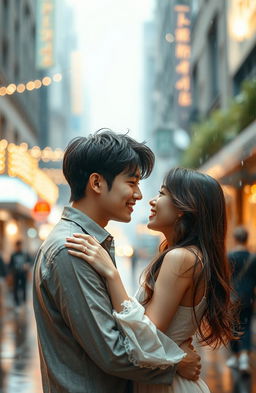 A romantic scene featuring Jungkook, a handsome young man with dark hair and an expressive smile, sharing an intimate moment with a beautiful woman under a gentle rain