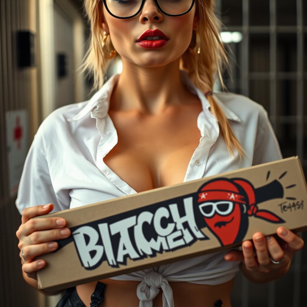 A close-up shot of a sexy female with tied blonde hair and small glasses, wearing a white shirt tied at the front