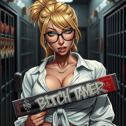 A close-up on a sexy female character with blonde hair tied up and small glasses, wearing a white shirt tied at the front to reveal her large chest and ample cleavage