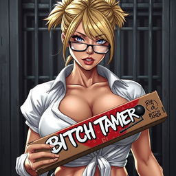 A close-up on a sexy female character with blonde hair tied up and small glasses, wearing a white shirt tied at the front to reveal her large chest and ample cleavage