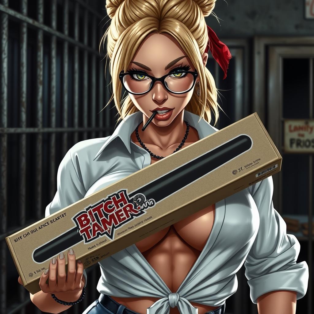 A close-up on a sexy female character with blonde hair tied up and small glasses, wearing a white shirt tied at the front to reveal her large chest and ample cleavage