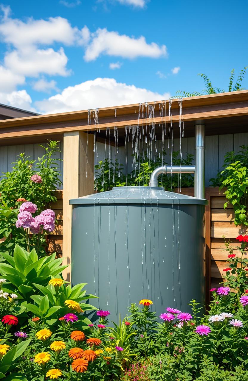 A vibrant depiction of a modern rainwater harvesting system, showcasing a collection tank in a sustainable garden