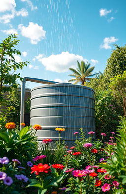 A vibrant depiction of a modern rainwater harvesting system, showcasing a collection tank in a sustainable garden