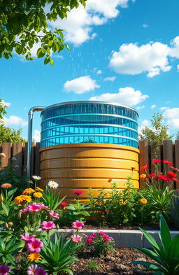 A vibrant depiction of a modern rainwater harvesting system, showcasing a collection tank in a sustainable garden