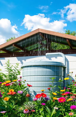 A vibrant depiction of a modern rainwater harvesting system, showcasing a collection tank in a sustainable garden