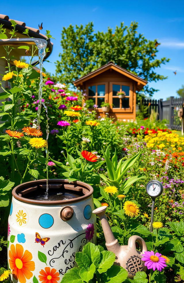 A picturesque scene showcasing a vibrant and lush garden utilizing rainwater harvesting techniques