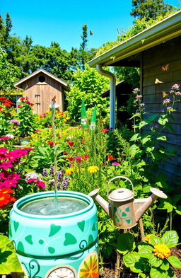 A picturesque scene showcasing a vibrant and lush garden utilizing rainwater harvesting techniques