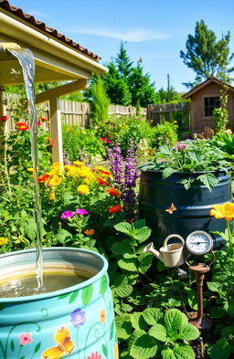 A picturesque scene showcasing a vibrant and lush garden utilizing rainwater harvesting techniques