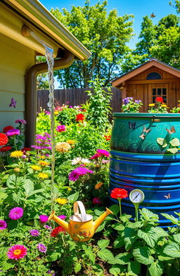 A picturesque scene showcasing a vibrant and lush garden utilizing rainwater harvesting techniques