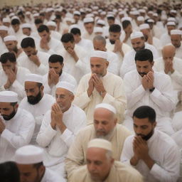 A peaceful gathering of diverse individuals engaged in the spiritual act of Dhikr, whispering prayers in unity and reverence