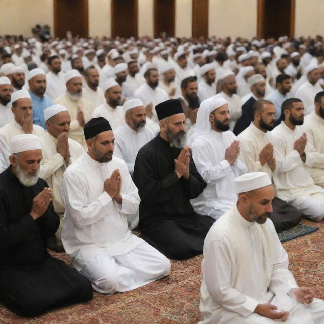 A peaceful gathering of diverse individuals engaged in the spiritual act of Dhikr, whispering prayers in unity and reverence