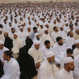 A peaceful gathering of diverse individuals engaged in the spiritual act of Dhikr, whispering prayers in unity and reverence