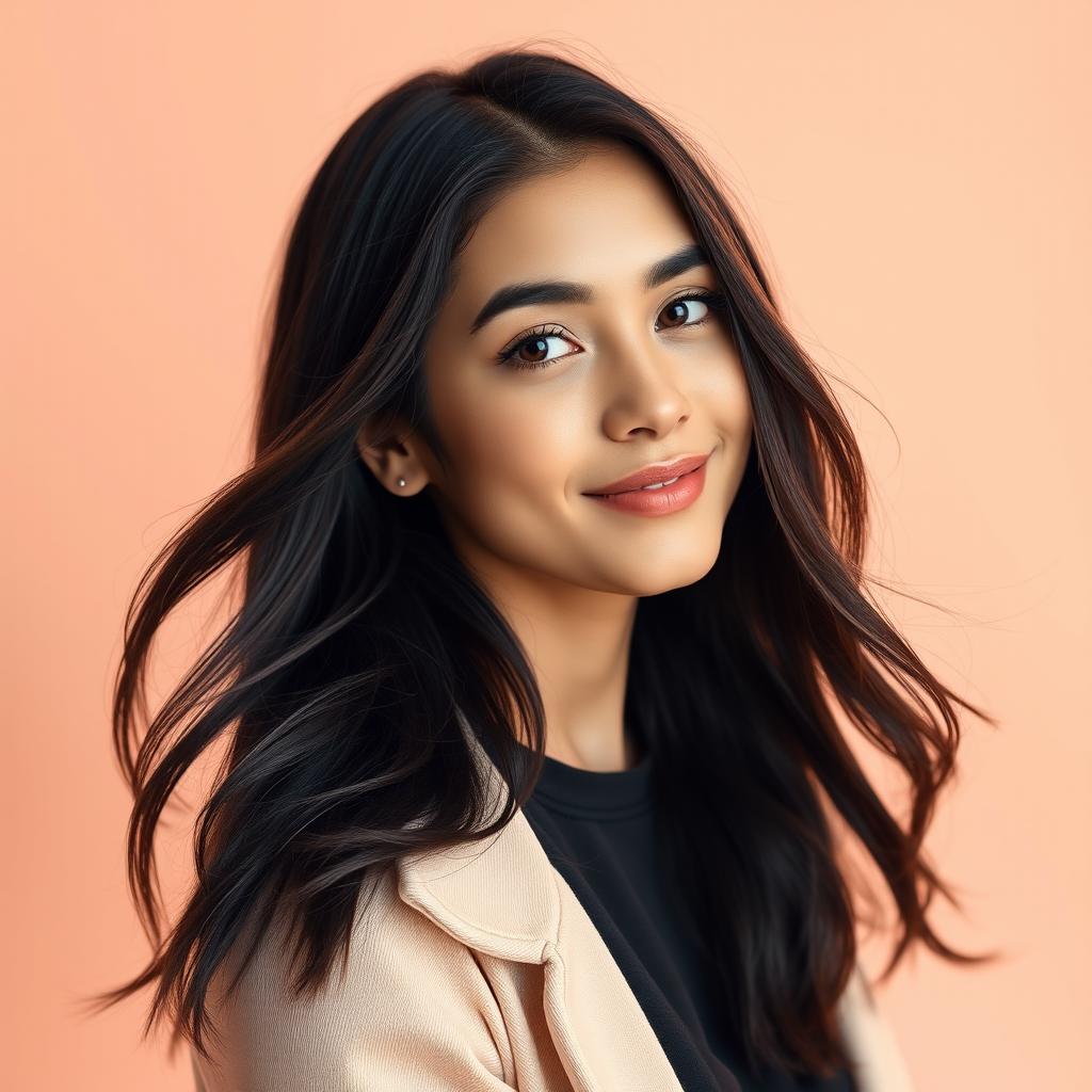 A stylish and modern profile picture featuring a confident young woman with long, flowing dark hair, wearing a trendy outfit