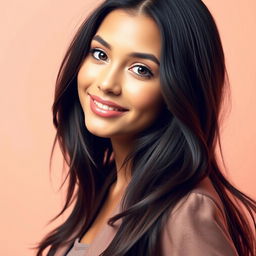 A stylish and modern profile picture featuring a confident young woman with long, flowing dark hair, wearing a trendy outfit