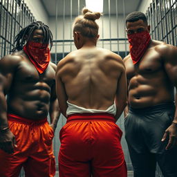 An extreme close-up scene in a prison cell, focusing on the chests of three characters