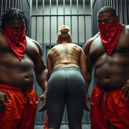 An extreme close-up scene in a prison cell, focusing on the chests of three characters