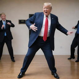 A humorous scene of Donald Trump, the past US president, in an upbeat dance, capturing his unique persona and the energy of the moment