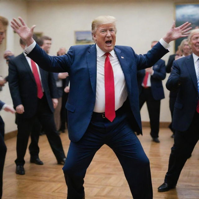 A humorous scene of Donald Trump, the past US president, in an upbeat dance, capturing his unique persona and the energy of the moment