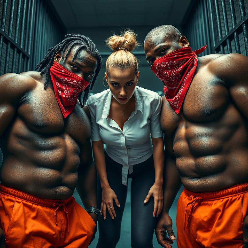 An extreme close-up shot focusing on the chests of three characters inside a prison cell