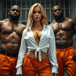 In a prison cell setting featuring a sexy blonde woman wearing a white shirt tied in the front, accentuating her large chest and revealing some cleavage