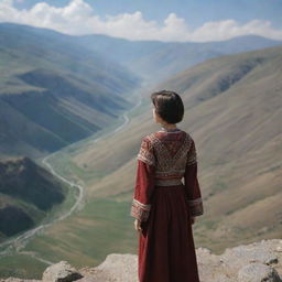 A scenic vista showing a 16-year-old Armenian girl with short hair standing solemnly in the mountains. Viewed from the back, her figure stands out against the vast, rugged landscape, contemplating the horizon in her traditional attire.