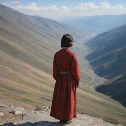 A scenic vista showing a 16-year-old Armenian girl with short hair standing solemnly in the mountains. Viewed from the back, her figure stands out against the vast, rugged landscape, contemplating the horizon in her traditional attire.