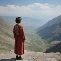 A scenic vista showing a 16-year-old Armenian girl with short hair standing solemnly in the mountains. Viewed from the back, her figure stands out against the vast, rugged landscape, contemplating the horizon in her traditional attire.