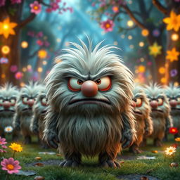 A gonk character with a fluffy, shaggy appearance and an exaggeratedly mad expression, standing at the forefront of the scene