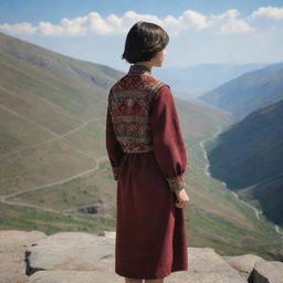 A scenic vista showing a 16-year-old Armenian girl with short hair standing solemnly in the mountains. Viewed from the back, her figure stands out against the vast, rugged landscape, contemplating the horizon in her traditional attire.