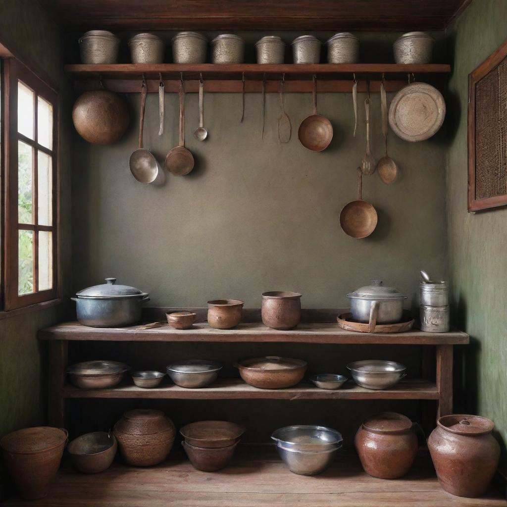 A realistic, detailed representation of a traditional Malaysian kitchen (known as 'kak bah') with its classic utensils and decor.