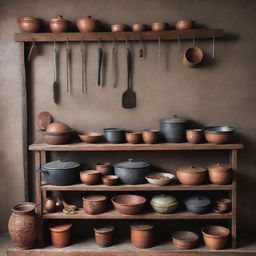 A realistic, detailed representation of a traditional Malaysian kitchen (known as 'kak bah') with its classic utensils and decor.