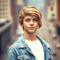 A stylish and modern profile picture of a young adult with light brown hair and bright blue eyes, wearing a trendy denim jacket and a white t-shirt