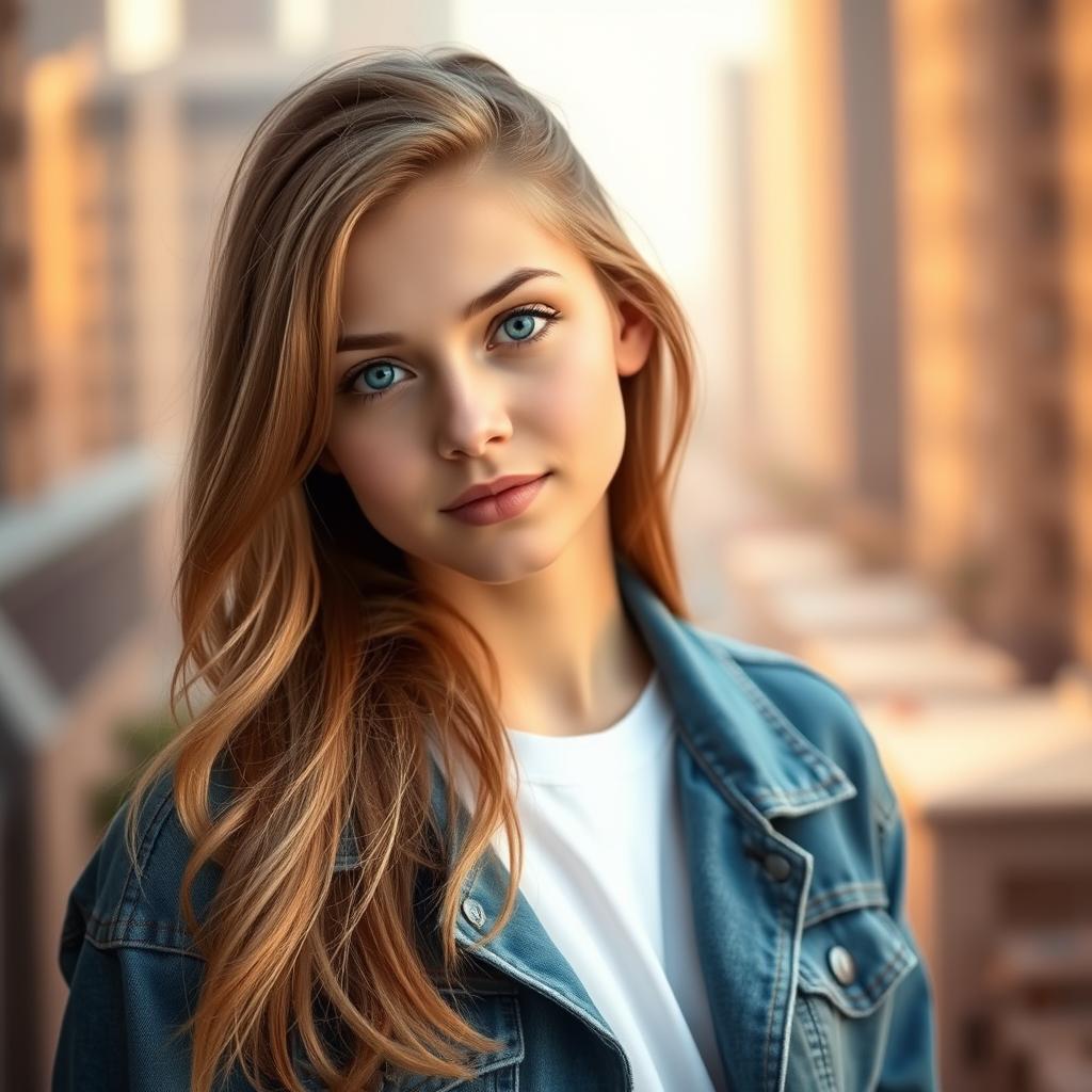 A stylish and modern profile picture of a young adult with light brown hair and bright blue eyes, wearing a trendy denim jacket and a white t-shirt