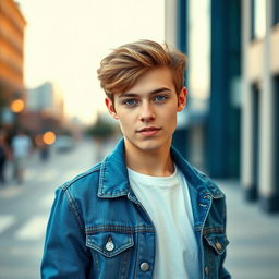 A stylish and modern profile picture of a young adult with light brown hair and bright blue eyes, wearing a trendy denim jacket and a white t-shirt