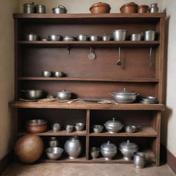 A realistic, detailed representation of a traditional Malaysian kitchen (known as 'kak bah') with its classic utensils and decor.