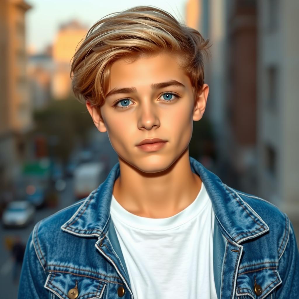 A stylish and modern profile picture of a young adult with light brown hair and bright blue eyes, wearing a trendy denim jacket and a white t-shirt