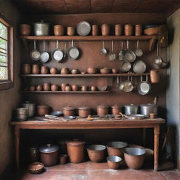 A realistic, detailed representation of a traditional Malaysian kitchen (known as 'kak bah') with its classic utensils and decor.