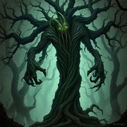 An ominous and malevolent treant stands tall amidst a dark, twisted forest, its gnarled and knotted bark-like skin giving it an imposing, sinister presence