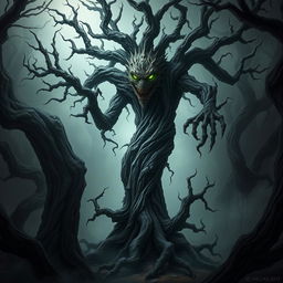 An ominous and malevolent treant stands tall amidst a dark, twisted forest, its gnarled and knotted bark-like skin giving it an imposing, sinister presence