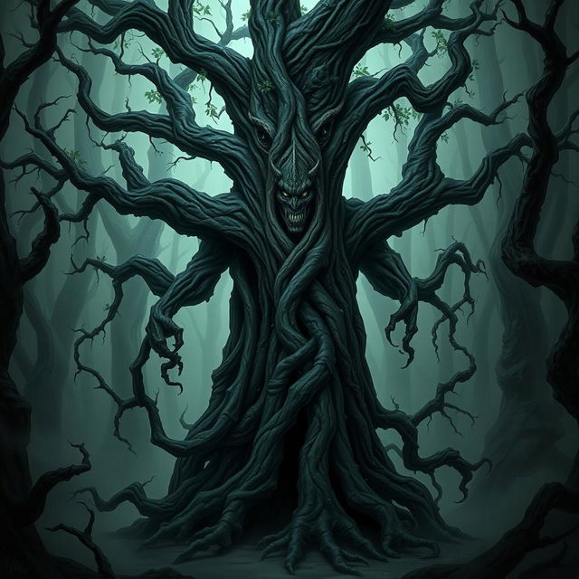 An ominous and malevolent treant stands tall amidst a dark, twisted forest, its gnarled and knotted bark-like skin giving it an imposing, sinister presence