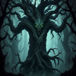 An ominous and malevolent treant stands tall amidst a dark, twisted forest, its gnarled and knotted bark-like skin giving it an imposing, sinister presence