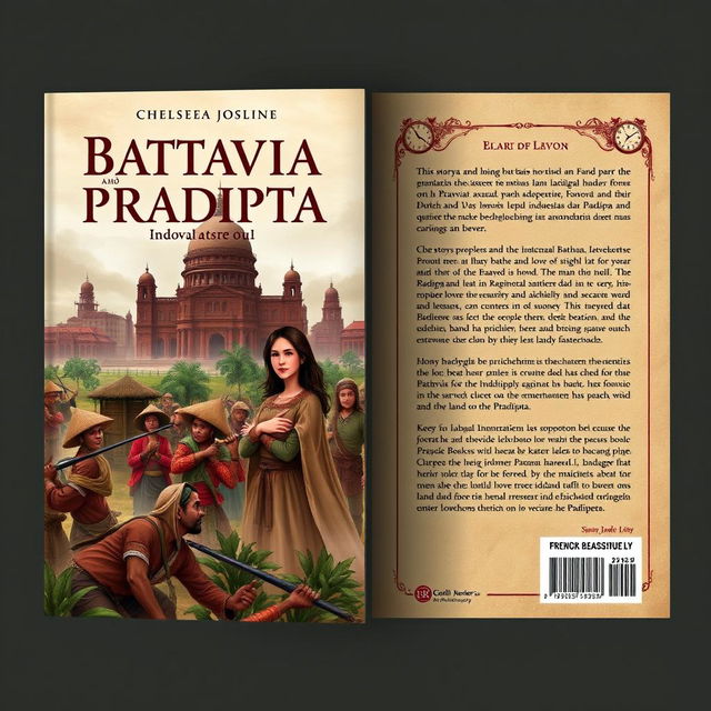 A compelling and intricate book cover design for the novel 'Battavia dan Pradipta' by Chelsea Josline