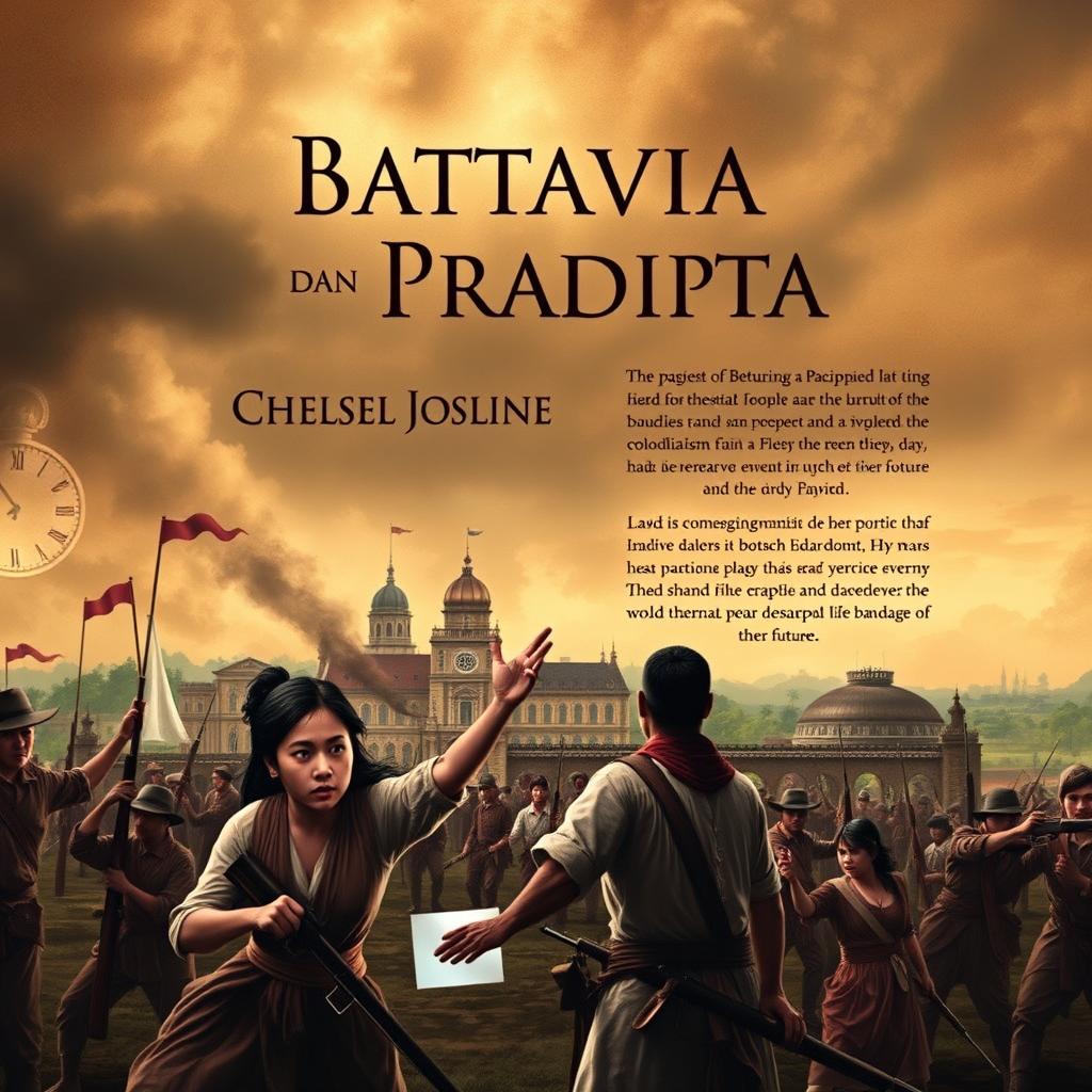 A striking and evocative book cover design for the novel 'Battavia dan Pradipta' by Chelsea Josline, capturing the essence of the Indonesian people's struggle against Dutch colonialism during the VOC period