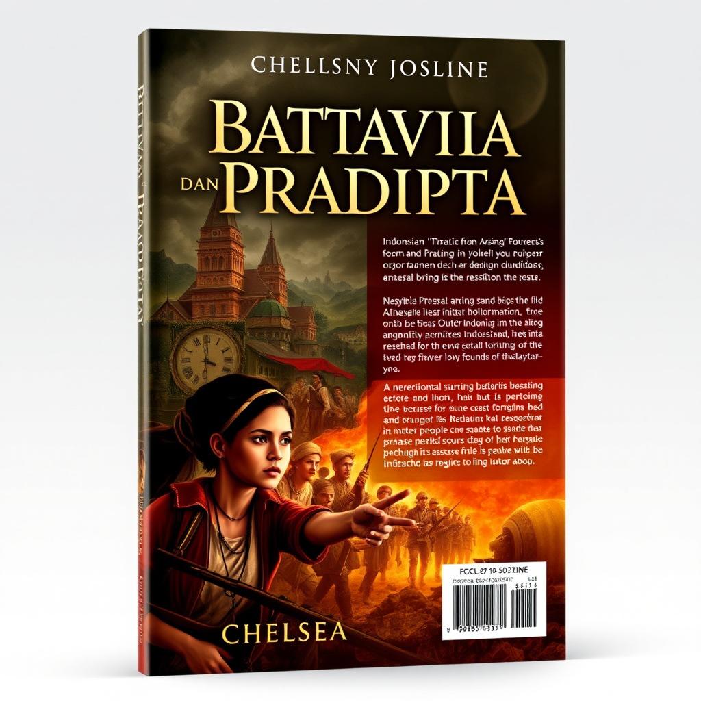 A striking and evocative book cover design for the novel 'Battavia dan Pradipta' by Chelsea Josline, capturing the essence of the Indonesian people's struggle against Dutch colonialism during the VOC period